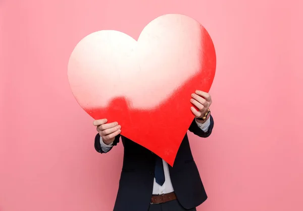 Young Businessman Suit Covering Face Big Red Heart Standing Pink — Stock Photo, Image