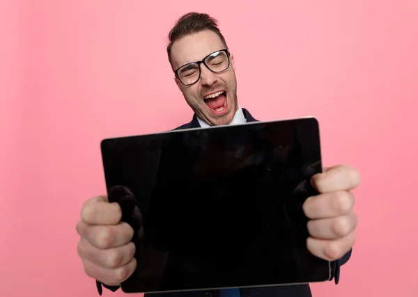 Cheerful Young Man Suit Wearing Glasses Presenting Black Empty Screen — Stock Photo, Image