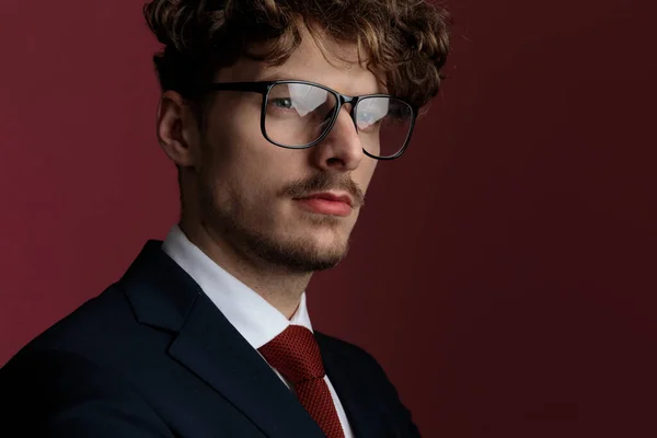 양복을 분홍색 스튜디오 배경에 안경을 사업가를 가까이 바라보고 — 스톡 사진