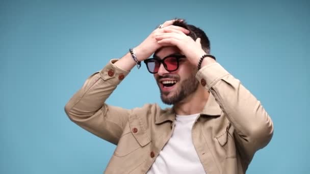 Happy Young Man Hearing Great News Running Hands Hair Screaming — Stock Video