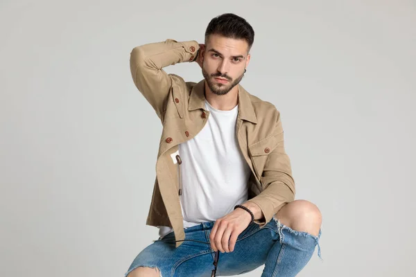 Sexy Young Casual Man Jacket Holding Hand Neck Holding Elbow — Stock Photo, Image