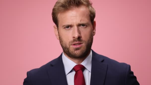 Thoughtful Young Businessman Navy Blue Suit Thinking Touching Chin Looking — Stock Video