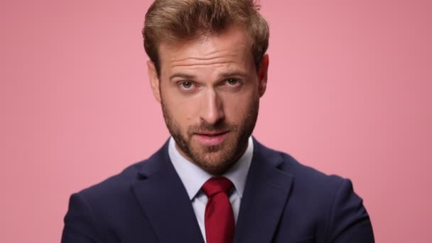 Close Young Man Navy Blue Suit Smiling Looking Making Gesture — Stock Video