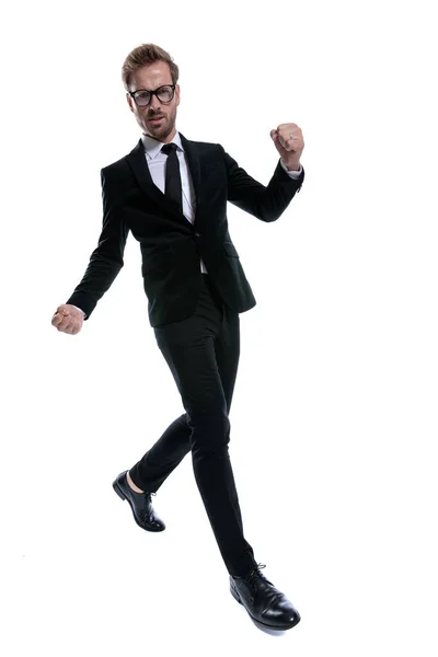 Cool Stylish Man Black Suit Holding Fists Threatening Marching Isolated — Stock Photo, Image