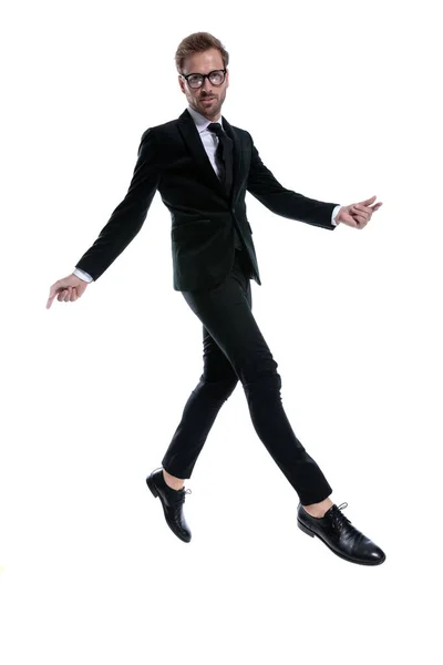 Cool Elegant Man Black Suit Opening Arms Greeting Smiling Jumping — Stock Photo, Image