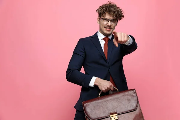 Happy Young Businessman Navy Blue Suit Wearing Glasses Holding Suitcase — Stock Photo, Image