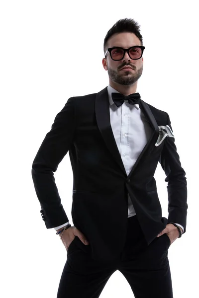 Dramatic Cool Guy Tuxedo Looking Holding Hands Pockets Standing Isolated — Stock Photo, Image