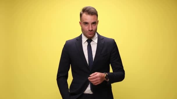 Young Sexy Businessman Standing One Hand Pocket Looking Away Touching — Stock Video
