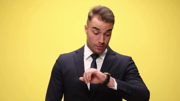 Young Businessman Looking His Watch Couldn Believe What Time Being — Stock Video