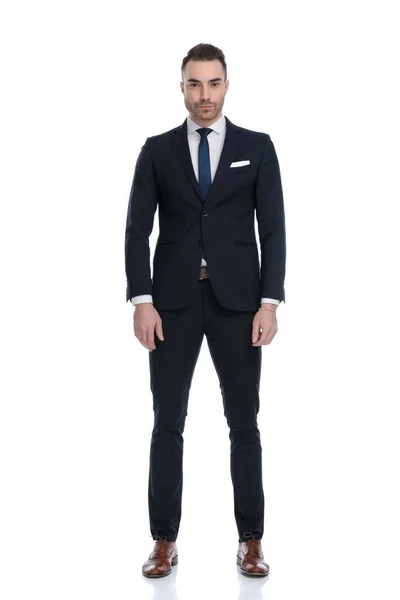 Serious Businessman Looking Forward Wearing Suit While Standing White Studio — Stock Photo, Image