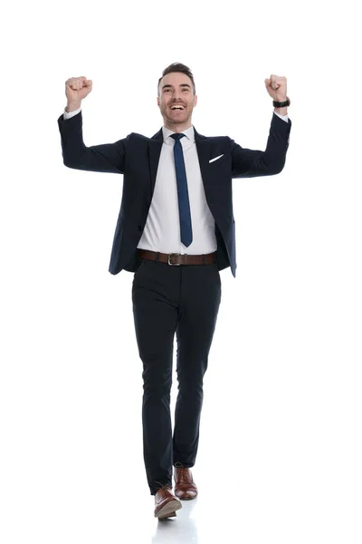 Happy Businessman Celebrating Shouting Both Fists Air While Walking White — Stock Photo, Image