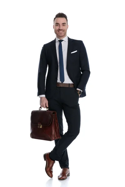 Happy Businessman Holding Briefcase Smiling Hand Pocket While Standing Legs — Stock Photo, Image