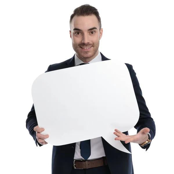 Positive Businessman Holding Presenting Speech Bubble While Standing White Studio — Stock Photo, Image