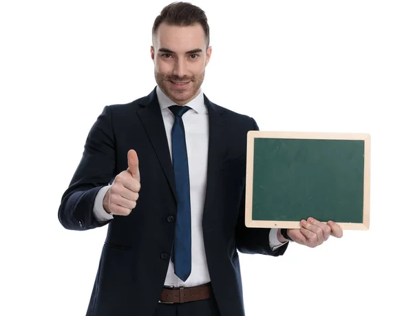 Positive Businessman Holding Blackboard Giving Thumbs While Standing White Studio — Stock Photo, Image