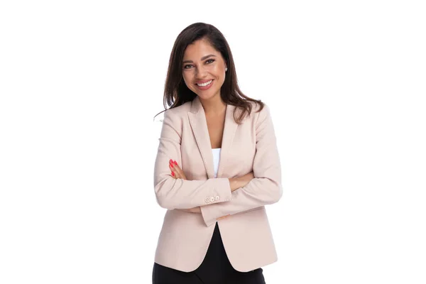 Happy Businesswoman Holding Hands Folded Smiling While Standing White Studio — Stock Photo, Image