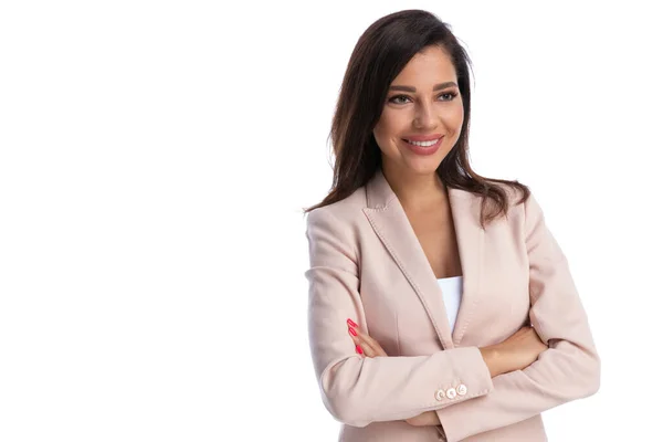 Positive Businesswoman Holding Hands Folded Smiling While Standing White Studio — Stock Photo, Image