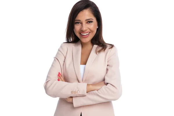 Positive Businesswoman Holding Hands Crossed Laughing While Standing White Studio — Stock Photo, Image
