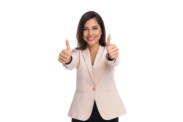 Feliz Mujer Negocios Gesto Bien Con Ambas Manos Sonriendo Mientras — Foto de Stock