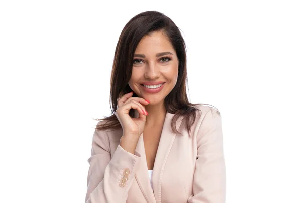 Closeup Positive Businesswoman Smiling While Standing White Studio Background — Stock Photo, Image