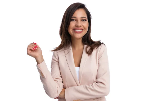 Closeup Positive Businesswoman Smiling Posing While Standing White Studio Background — Stock Photo, Image