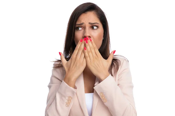 Closeup Scared Businesswoman Covering Her Mouth Looking Away While Standing — Stock Photo, Image