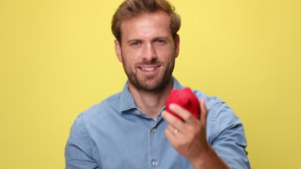 Businessman Presenting Red Piggy Bank Waving His Fist Yellow Background — Stock Video