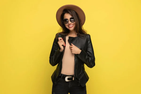 Happy Cool Girl Wearing Sunglasses Hat Smiling Adjusting Leather Jacket — Stock Photo, Image