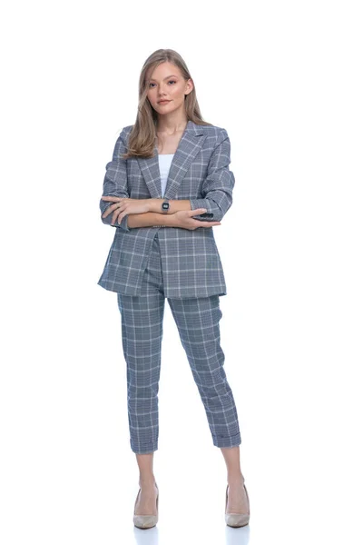 Confident Young Businesswoman Blue Checkered Suit Crossing Arms Smiling Posing — Stock Photo, Image
