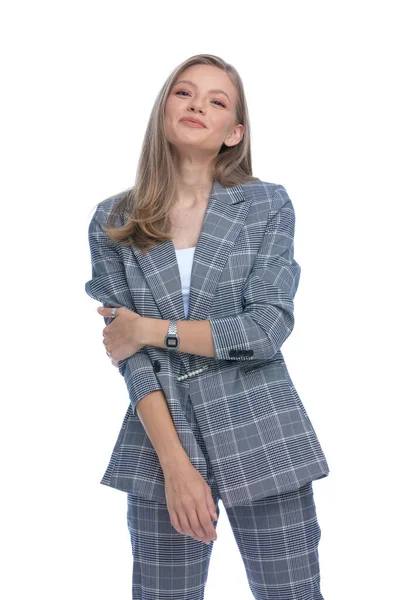 Happy Businesswoman Blue Checkered Suit Holding Arms Fashion Pose Smiling — Stock Photo, Image