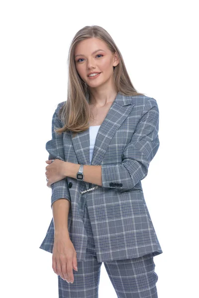 Smiling Young Girl Blue Checkered Suit Holding Arms Fashion Pose — Stock Photo, Image