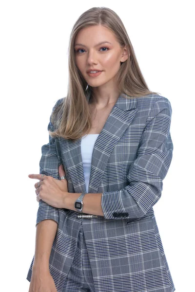 Sexy Fashion Model Blue Checkered Suit Smiling Pointing Fingers Side — Stock Photo, Image