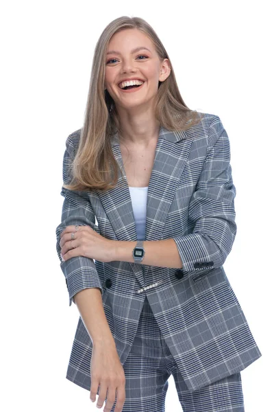 Happy Young Businesswoman Blue Checkered Suit Arranging Sleeves Smiling Standing — Stock Photo, Image