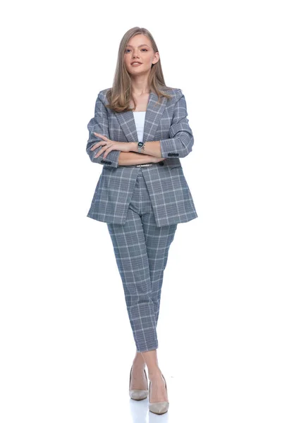 Sexy Young Businesswoman Blue Checkered Suit Crossing Arms Smiling Posing — Stock Photo, Image