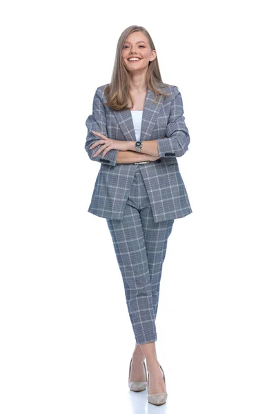 Confident Businesswoman Blue Checkered Suit Crossing Arms Smiling Standing Isolated — Stock Photo, Image