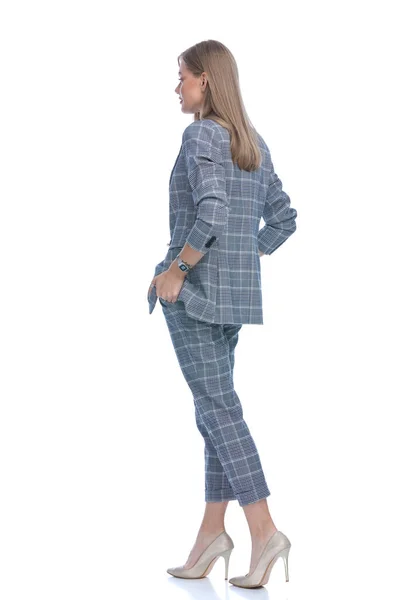 Side View Young Businesswoman Blue Checkered Suit Holding Hand Sin — Stock Photo, Image