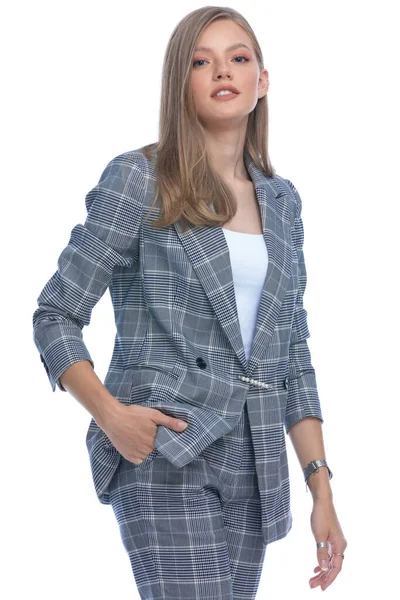 Sexy Young Girl Blue Checkered Suit Holding Hand Pocket Smiling — Stock Photo, Image
