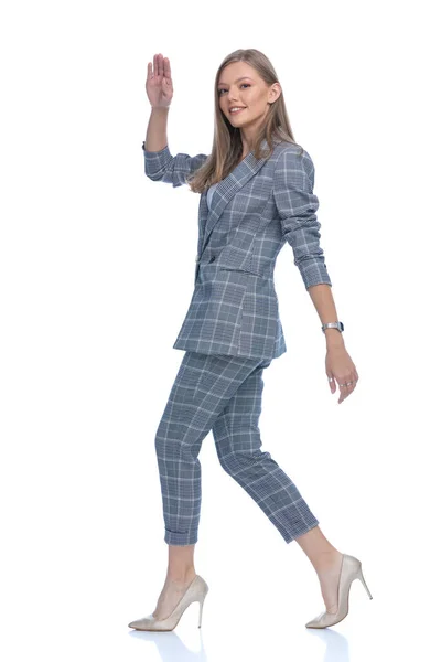 Side View Sexy Young Girl Blue Checkered Suit Holding Hand — Stock Photo, Image