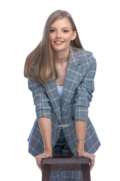 Happy Young Girl Blue Checkered Suit Leaning Wooden Chair Smiling — Stock Photo, Image