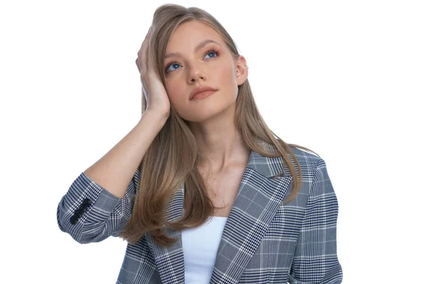 Young Girl Blue Checkered Suit Holding Hand Head Looking Dreaming — Stock Photo, Image