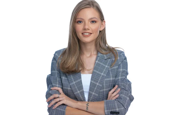 Happy Businesswoman Blue Checkered Suit Smiling Crossing Arms Standing Isolated — Stock Photo, Image