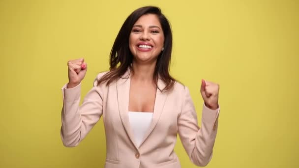 Sexy Young Businesswoman Full Excitement Raising Her Arms Dancing Pointing — Stock Video