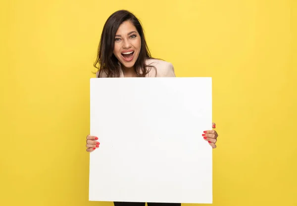 Excited Young Businesswoman Pink Suit Holding Empty Board Laughing Screaming — Stock Photo, Image