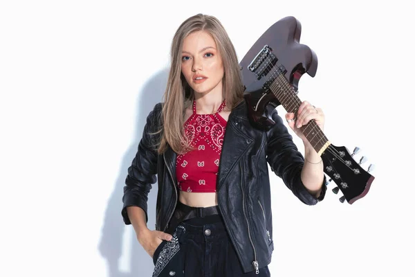 Motivated Musician Holding Hand Pocket Guitar Shoulder Wearing Leather Jacket — Stock Photo, Image