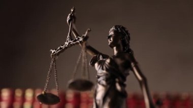 Gözleri bağlı bir kadın tarafından temsil edilen adalet heykeli bir denge ve gücü ve tarafsızlığı simgeleyen bir kılıç, kitaplardan oluşan bir üniversite odasında dönüyor.