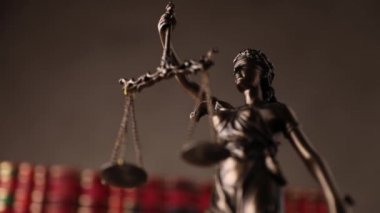 Bronz hukuk heykeli, gözleri bağlı tanrıça tarafından temsil ediliyor. Kahverengi arkaplan üzerine kitaplar önünde tarafsızlığı ve iki geniş hukuk kaynağını simgeleyen bir denge var.
