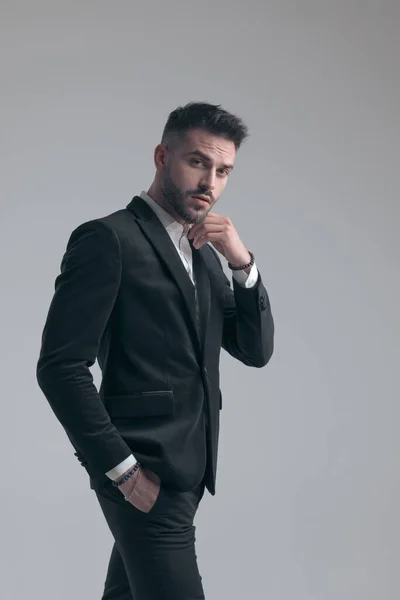 Charming Elegant Man Fixing His Collar Hand Pocket Wearing Suit — Stock Photo, Image