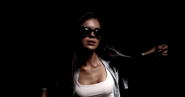 Cool Young Woman Wearing Leather Jacket Sunglasses Moving Dancing Taking — Stock Video
