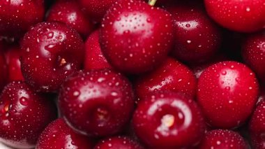 Taze sabah çiğ ile olgun kırmızı kirazlar, köpüklü su damlacıkları kendi doğal parlaklıklarını ve sulu dokularını vurguluyorlar.