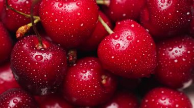 Narin su damlalarıyla ışıltılı kırmızı kirazlar doğal güzelliği ve tazeliği temsil ediyor ve karşı konulmaz yaz tadıyla