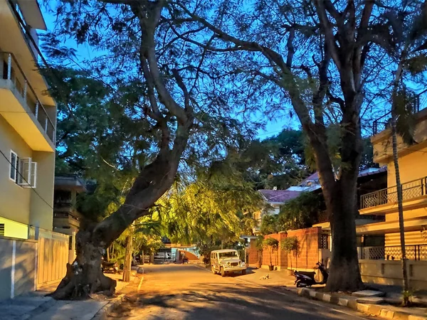 Uma Tranquila Rua Vazia Iluminada Por Luzes Rua Uma Noite — Fotografia de Stock